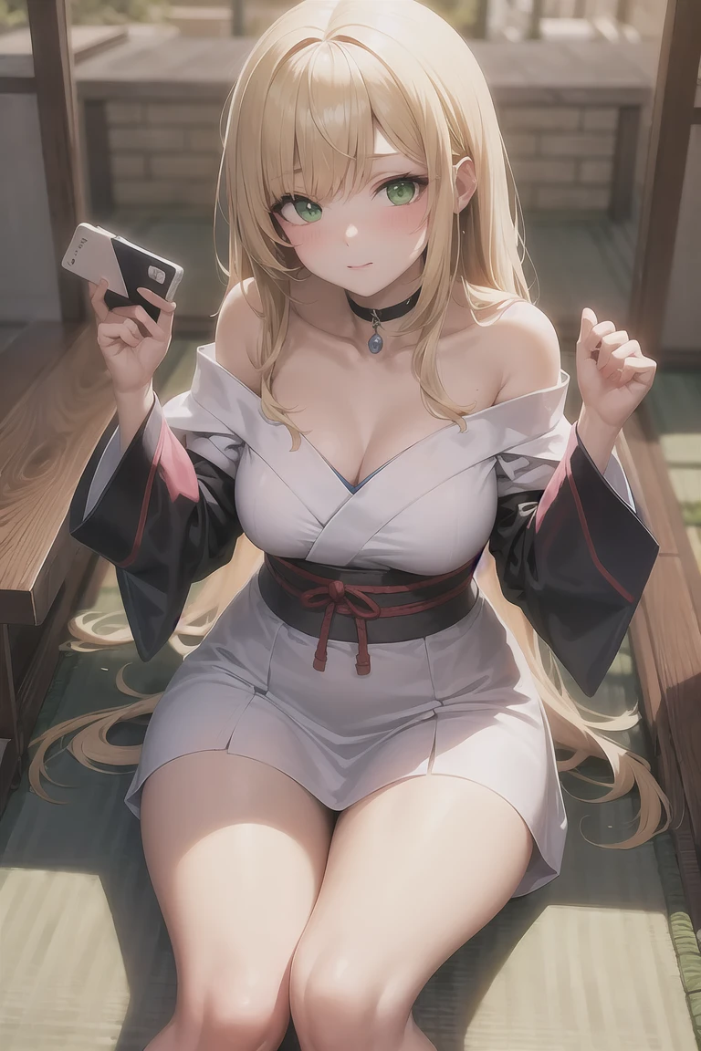 Masterpiece, best quality, Colorful characters, Perfect lighting, Blonde Hair, choker, Green Eyes, Long Hair, high school student, Japanese ,blush, Have,break looking at viewer,