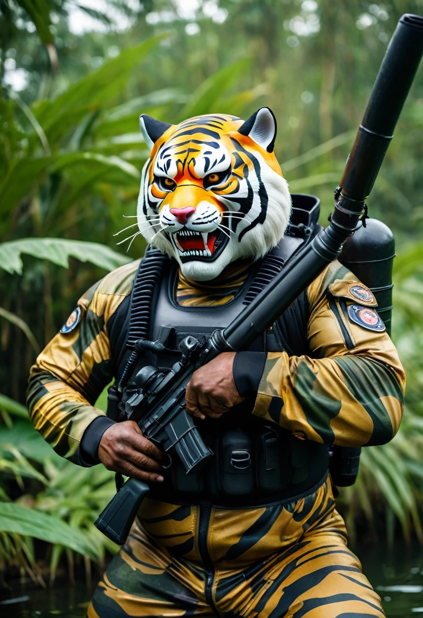 (a dark-skinned fat muscular old man in a bulky army camouflage zipper diver suit and heavy scuba gear) shooting with a rifle and (wearing realistic roaring siberian tiger mask), muscular, Bruce Onobrakpeya, sumatraism, stanley artgermm, action, a character portrait, heroic, fierce, snarling