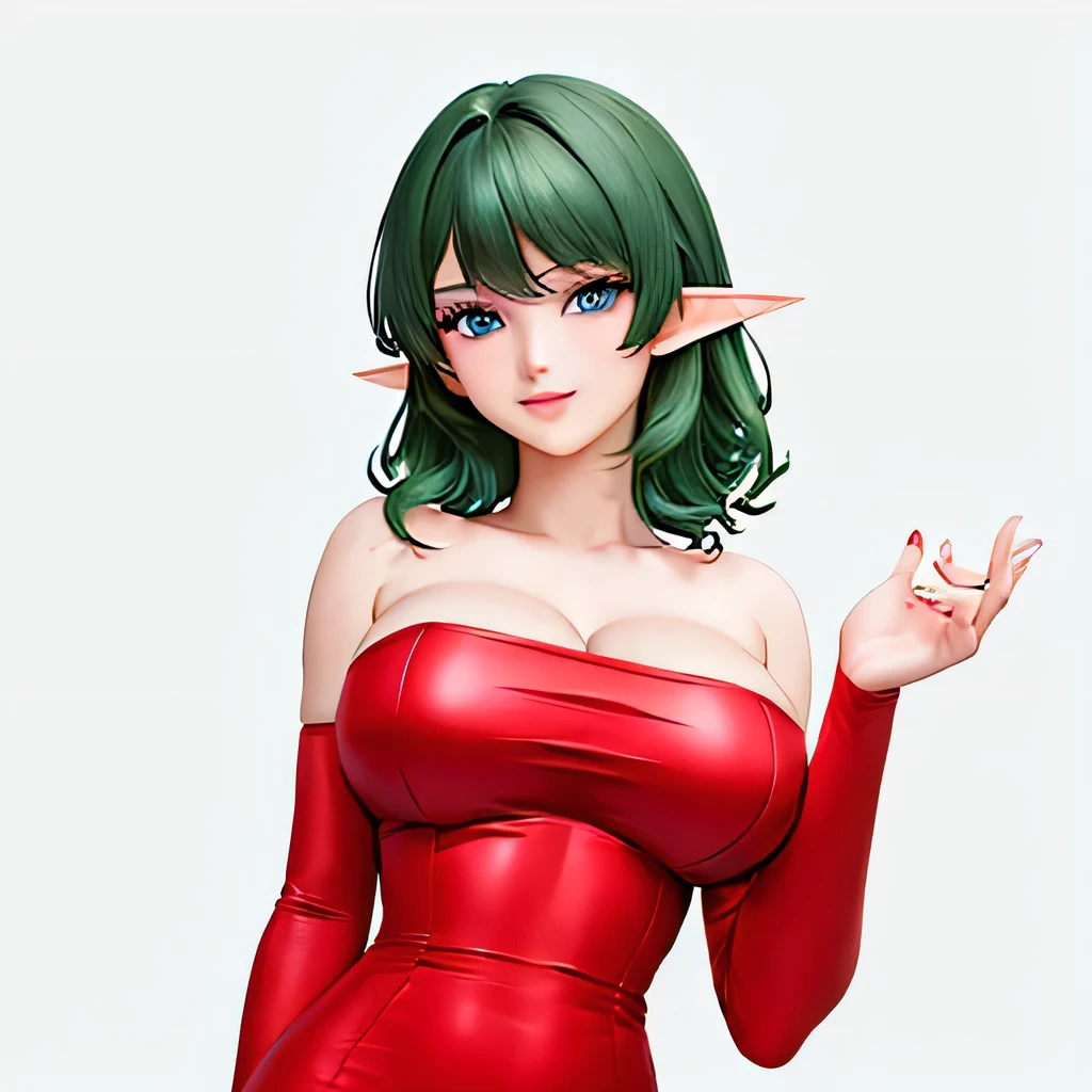  ((masterpiece,best quality,ultra-delicate,Perfect Face,16k,high resolution,very beautiful girl)),Medium short green hair:1.2, Red strapless bodycon tube dress ,Red long arm sleeves,outstretching arms,Elf Girl,((gigantic Breasts:1.2)),blue eyes,Beautiful smile,20 years old,bedroom