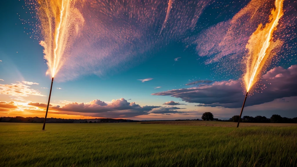 grassy field, sky with fire raining down