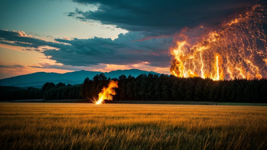 grassy field, sky with fire raining down