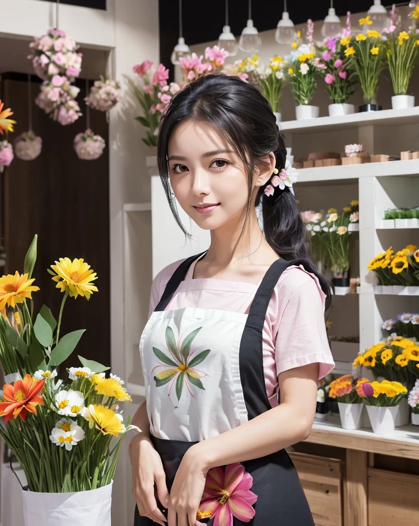 (Highest quality, 32k, High resolution, Masterpiece:1.5, ), marimo_jet, god々A photograph with brilliant dazzling and healing power., Evoking a sense of calm and elusive beauty, Expressing emotions, Have a rich imagination, Beautiful Japanese Girls, An exceptionally beautiful face, Small Face Beauty, Perfect Human Anatomy, Magical big eyes, Motherhood and generosity, Deep Love, fleeting smile, ((Shiny black hair:1.1)), ((ponytail:1.3)), Asymmetrical bangs, Hair between the eyes, Transparent, soft white skin, Sharp eyebrows, Thin lashes, Natural Makeup, Pale pink detailed lips, ((Florist clerk:1.3)), ((White apron over black T-shirt:1.3)), Slim figure with ample breasts, High resolutionの,Beautiful legs, ((A flower shop with colorful flowers on display:1.5)), Professional Lighting, Professional photographer, Professional models, god秘的