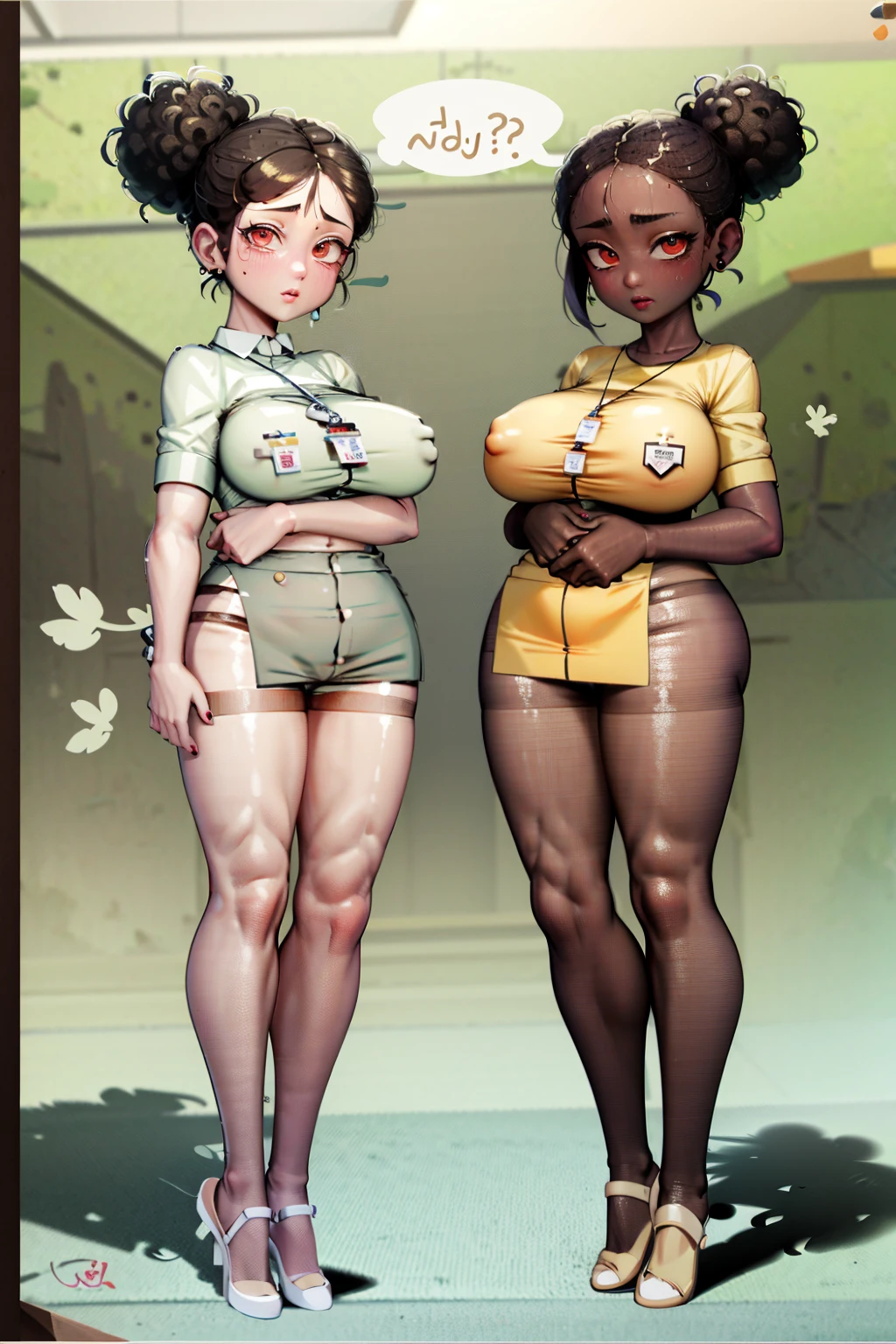 ,Super Extra large breasts breast enlargement, Amanda, DARK SKIN, BLACK HAIR, HAIR BUN yellow shirt shorts full-body shot looking at the camera smiling and blushing shyly