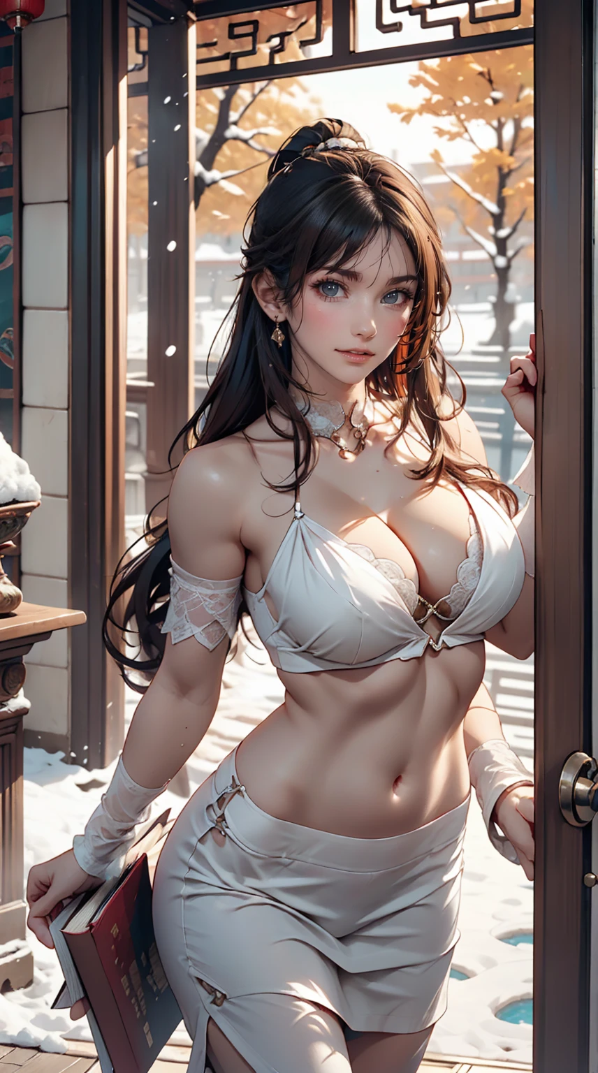 Elegant and intelligent classical Chinese woman, Wear a belly band, Standing at the door with a smile, Her skin is brighter than snow, Her eyes are like pools of clear water. There is a faint book-like atmosphere.Sexy proportions、Sexy、Narrow waist
