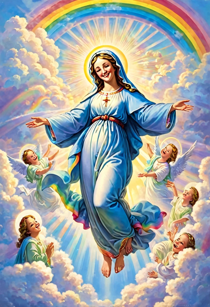 Angels dancing at the feet of the smiling Virgin Mary in heaven, above the clouds, fun, joy, smiles, rainbow bridge
