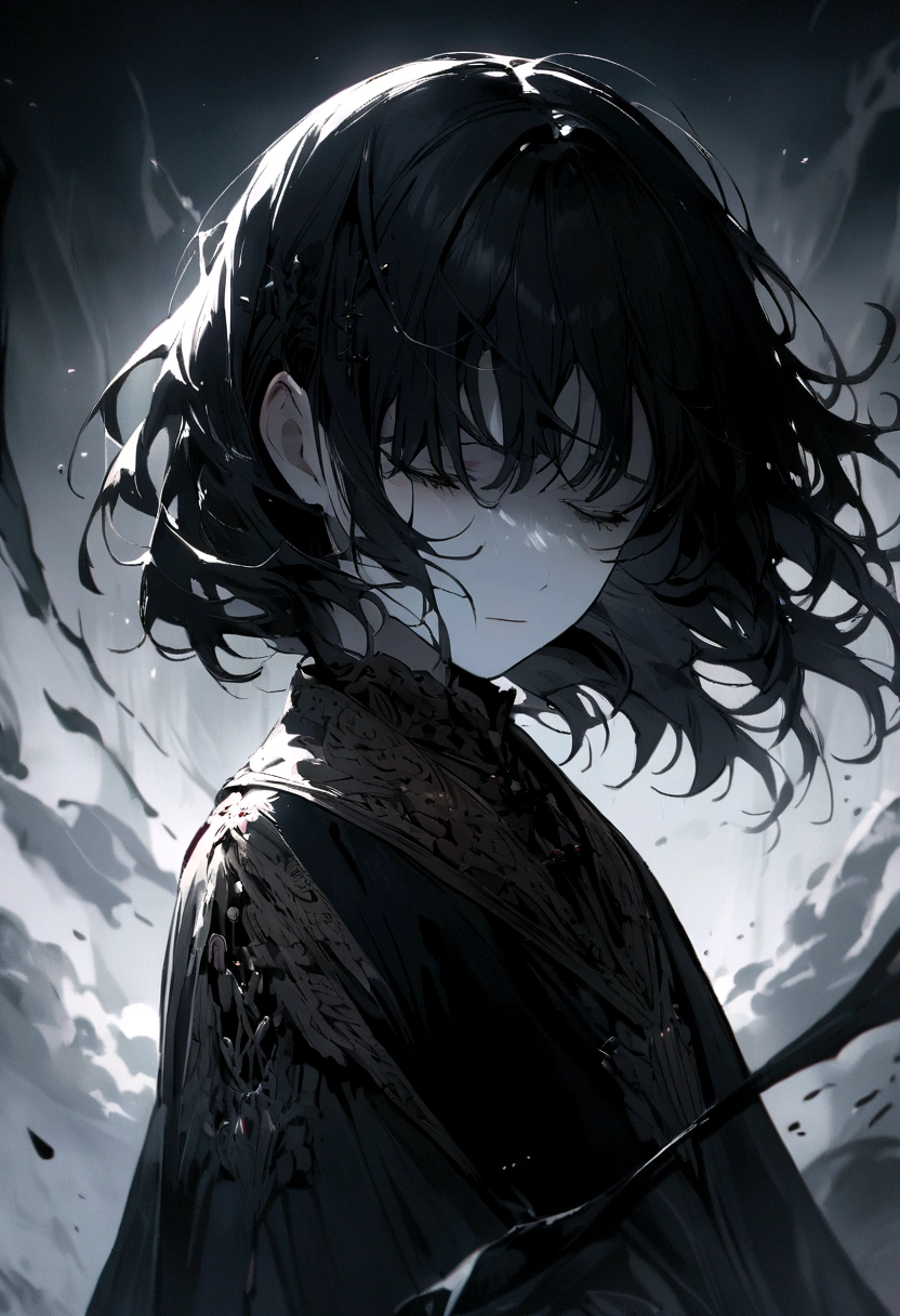 Make a character with a blurred face, it has to be sad, dark and give off a somewhat philosophical vibe. 