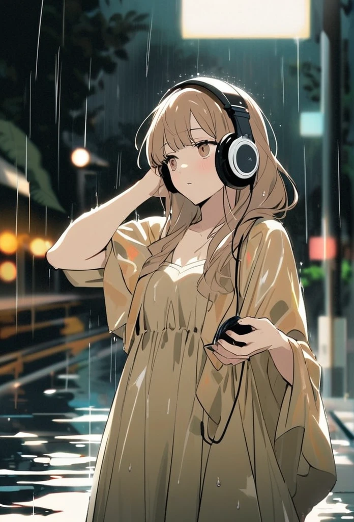 A man in her twenties wearing a pastel brown gown listening to music from her headphone while being wet in the pouring rain