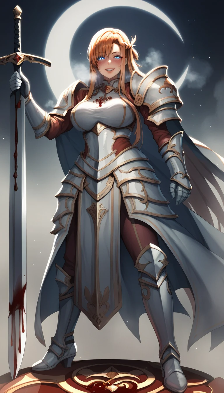 score_9, score_8_up, score_7_up, score_6_up, uncensored, Yuuki Asuna, absurdly long hair, orange eyes, orange hair, very long hair, lips, shiny skin, sweating, wet, wet hair, steaming body, heavy breathing, large breasts, detailed body, detailed eyes, smirk, upper teeth, large breasts, BREAK (masterpiece:1.2), best quality, high resolution, unity 8k wallpaper, (illustration:0.8), (beautiful detailed eyes:1.6), extremely detailed face, perfect lighting, extremely detailed CG, (perfect hands, perfect anatomy), holding, standing, weapon, female focus, sword, cape, holding weapon, armor, holding sword, shoulder armor, gauntlets, facing viewer, pauldrons, breastplate, planted, full armor, bokeh, backlighting, blood, bloody stream, water drop, reflective, (fog:1.3), fireflies, hollow eyes, bright pupils, dark-blue eyes, looking at viewer. glowing eyes heavy breathing, seductive smile, (steaming face:1.3), blush face, lips,