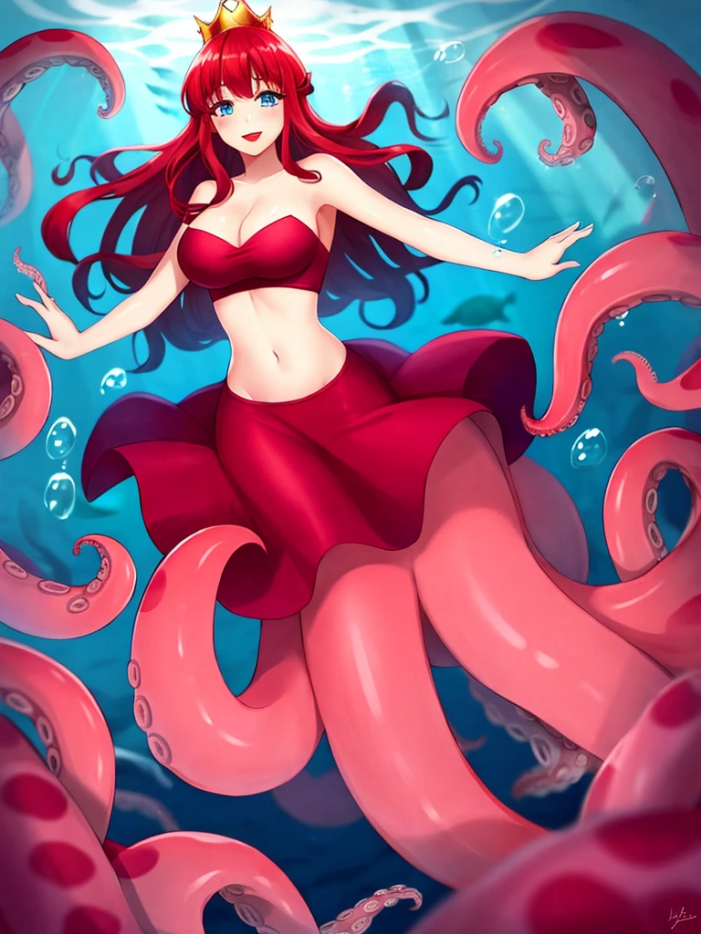 1girl, scylla, tentacles below waistline, tentacles, suction cups, fused, full body, large breast, blue eyes, red hair, long hair, princess dress, red lips, smile, blush, happy face, underwater,