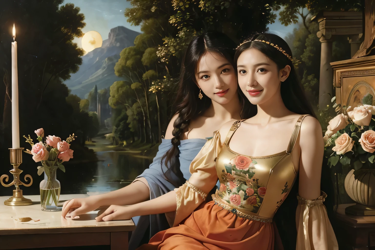 Giorgione painting style,Arguments of two female Philosophe,math、astronomical machine、astronaut、roses in vase、fruits、Cute trinkets、smile、ancient greek costume、Background is a forest lake at night 、Clothes that stretch your shoulders、A big smile