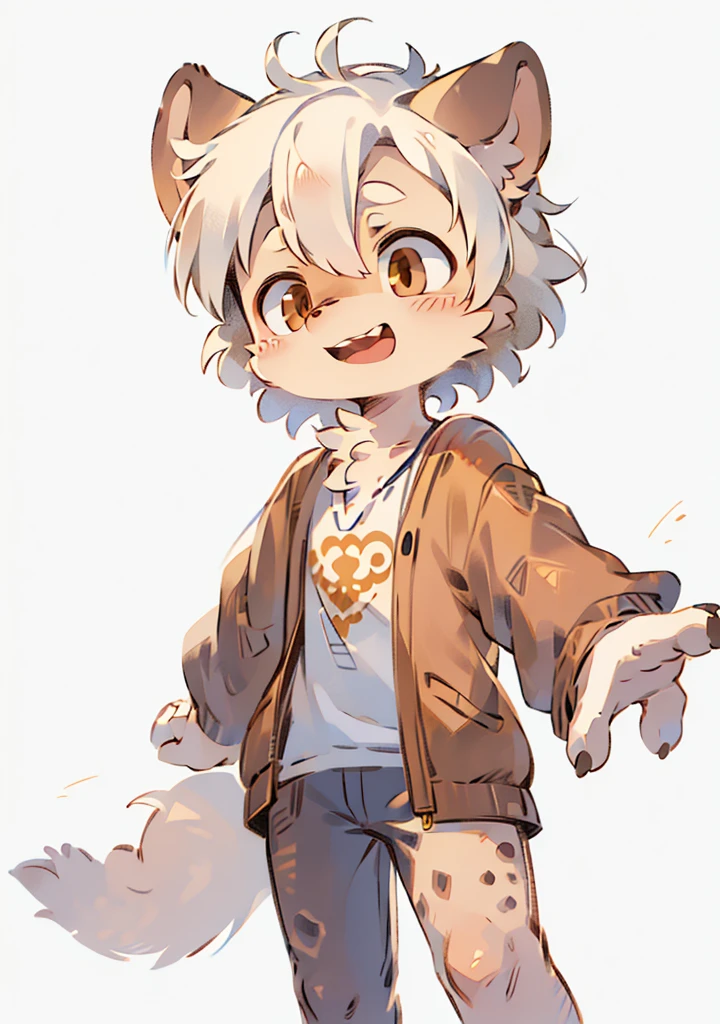 masterpiece，hyena，male，child，Solitary，Minimal details，Delicate eyes，Brown eyes，Hair，White background，Cartoon style，White hair，Facing the camera，laughing out loud