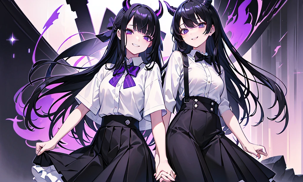A girl with long black hair with straight bangs, with hair cut at the ends. Two large strands in the front, one bigger than the other. A rebel thread. A small white streak in your bangs. Two demon horns, one purple and one black, both with a dark purple star. one black eye and one purple eye. A purple star on your right cheek. black wide pants. All star shoe. Full white shirt with a bow tie with a star in the middle, with short sleeves. big boobies. Grinning. She is a star demon. She is standing looking at the camera. . Sex girl. malicious smile. Sex girl.