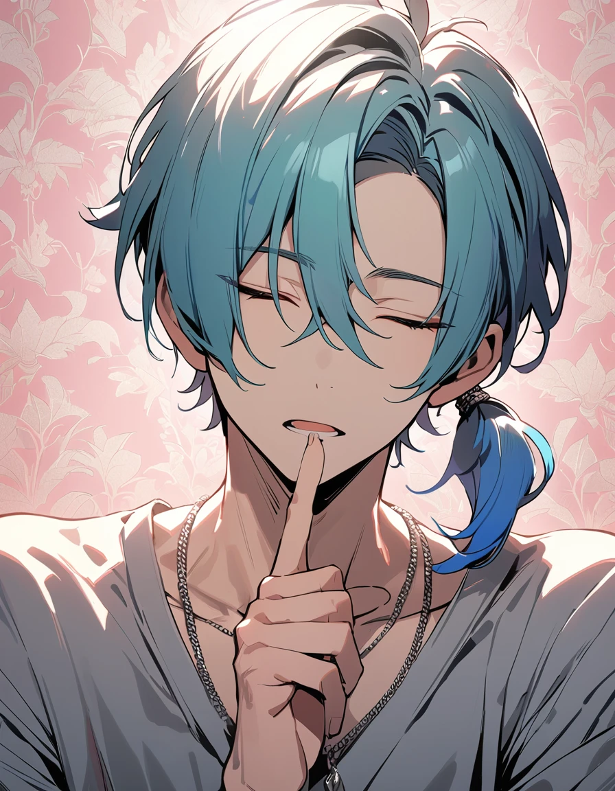 ((((best masterpiece, best quality, wallpaper,)))) solo, guy, male body, small muscles, flat chest, 1male, 30 years old, handsome man, dramatic angle, upper body, looking at viewers, beautiful detailed, finger to mouth, mediumturquoise hair, ((((Lower short ponytail)))), asymmetrical bangs, ((short hair,)) Expressionless,
((( closed eyes, ^o^, tareme, droopy eyes,))) perfect face, extremely closed eyes, perfect hands, sharp nose, clear face, black turtleneck, grey cardigan, ((silver piercing, simple silver necklace,)) leggings, pink background color ultrasharp, 8K, masterpiece,