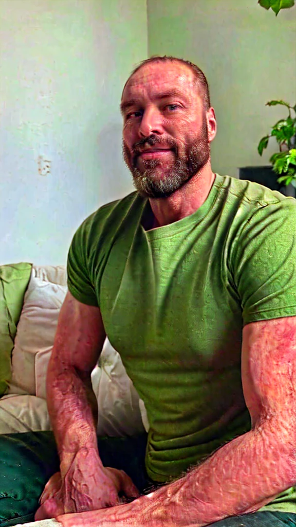 arafed man with a beard and a green shirt sitting on a couch, 4 0 years old man, 8k selfie photograph, 45 years old men, photo of a 50-year-old white man, about 3 5 years old, very very low quality picture, 5 0 years old man, selfie of a man, profile image. Sefie