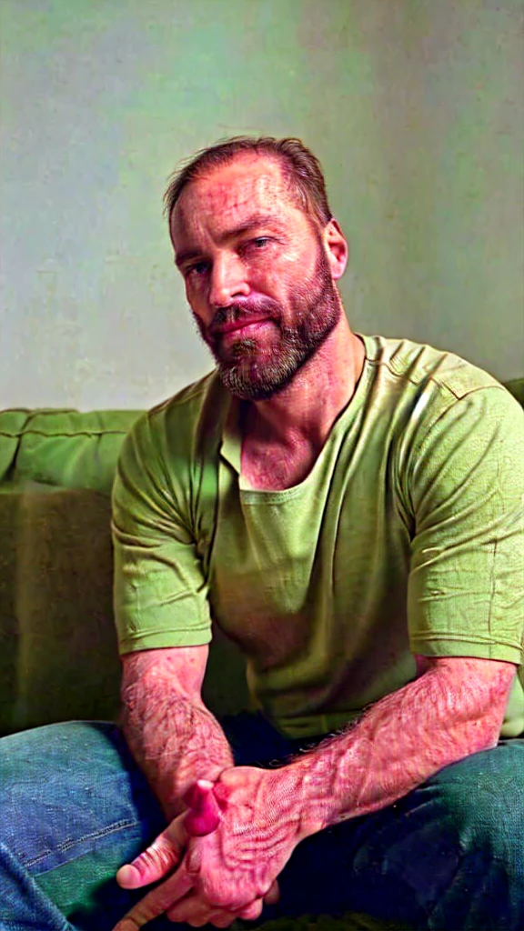 arafed man with a beard and a green shirt sitting on a couch, 4 0 years old man, 8k selfie photograph, 45 years old men, photo of a 50-year-old white man, about 3 5 years old, very very low quality picture, 5 0 years old man, selfie of a man, profile image. Sefie