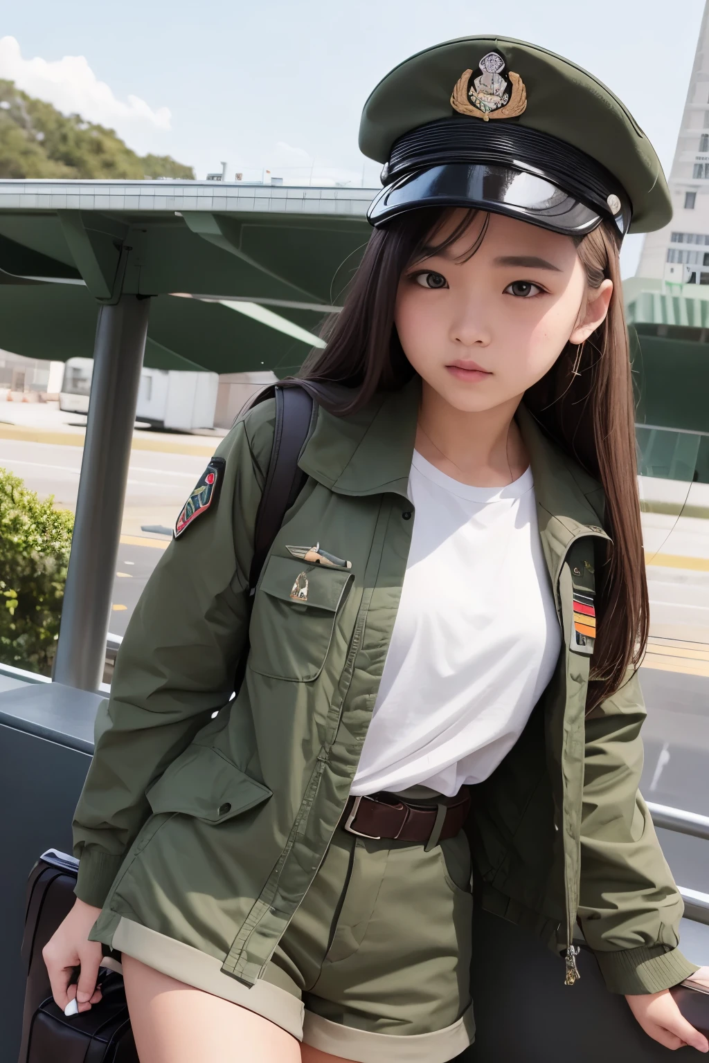 One girl、Semi-long hair（brown）、long sleeve air force uniform（Moss Green）、Patch on shoulder、belt、Shorts（Moss Green）、military cap、short boots（濃いbrown）、F2Fighter、Fighter、Descending the gangway、Air Base、Control Tower
