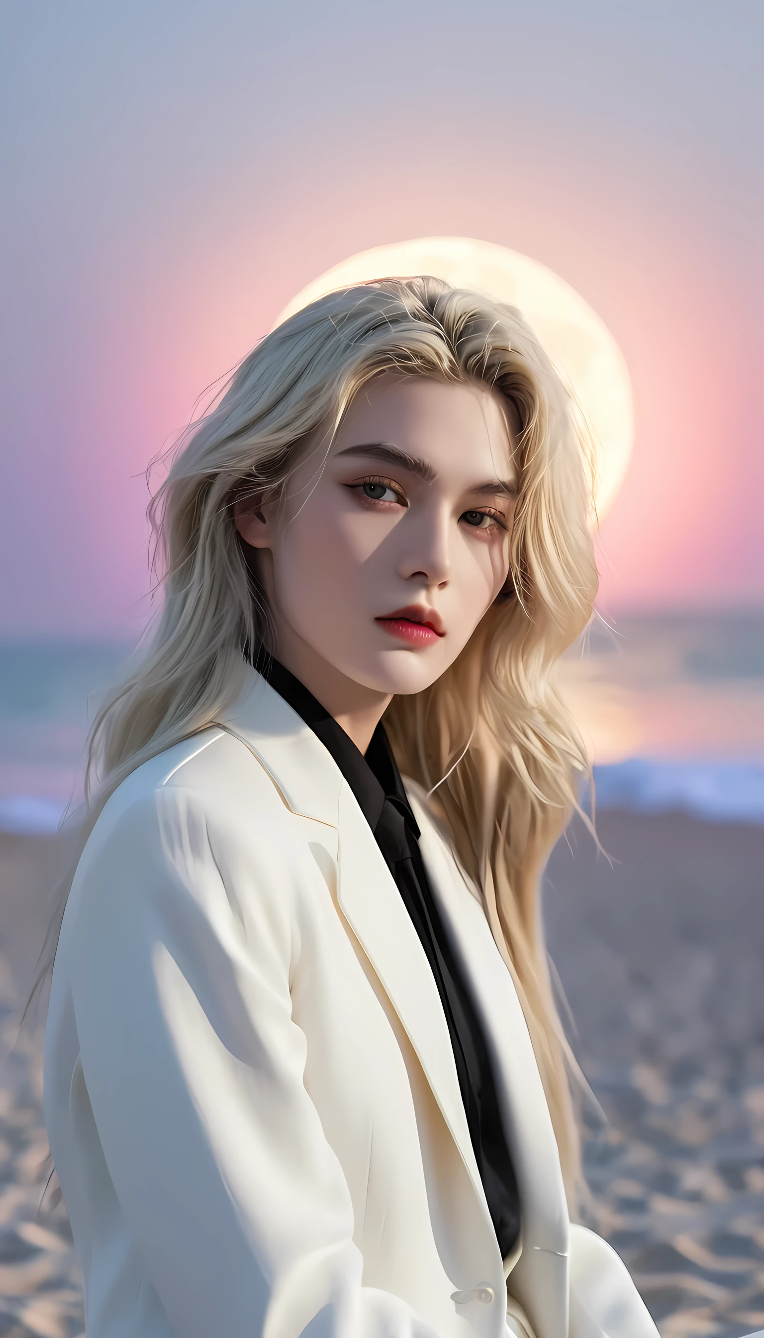 masterpiece, best quality, (Solitary focus), (Perfect face:1.1), (High Detail:1.1), (Extremely detailed eyes), dramatic, 1 person, (Pale skin), Blonde long hair, Ethereal eyes, (light eyebrows), Solitary, Long hair, Jordan Barrett, moon, night, White luxury suit, The apex of the palace, Pursed lips, fur, A proud expression, beach, Detailed background, artgerm, light, Rose, Fashion, Balenciaga style