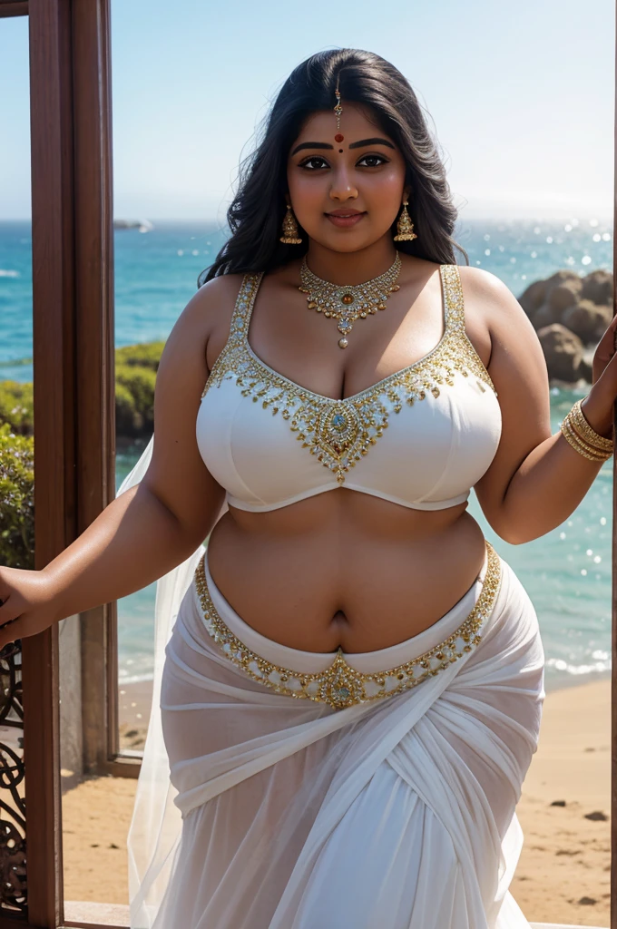 1 Heavenly beautiful and goddess beauty cute and sweet looking face Indian woman in front of Glass Beach, California, Heavenly beautiful Overweight, Heavenly beautiful Extremely fat, Heavenly beautiful and attractive Chubby figure , Heavenly beautiful looking and eye catching luxury style bridal costume , reaching out, Heavenly beautiful Indian woman, 16k, High resolution, masterpiece, highest quality, fine skin, outside view, Realistic Photograph