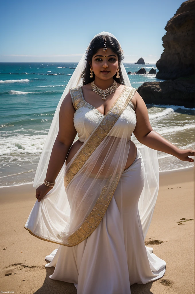 1 Heavenly beautiful and goddess beauty cute and sweet looking face Indian woman in front of Glass Beach, California, Heavenly beautiful Overweight, Heavenly beautiful Extremely fat, Heavenly beautiful and attractive Chubby figure , Heavenly beautiful looking and eye catching luxury style bridal costume , reaching out, Heavenly beautiful Indian woman, 16k, High resolution, masterpiece, highest quality, fine skin, outside view, Realistic Photograph