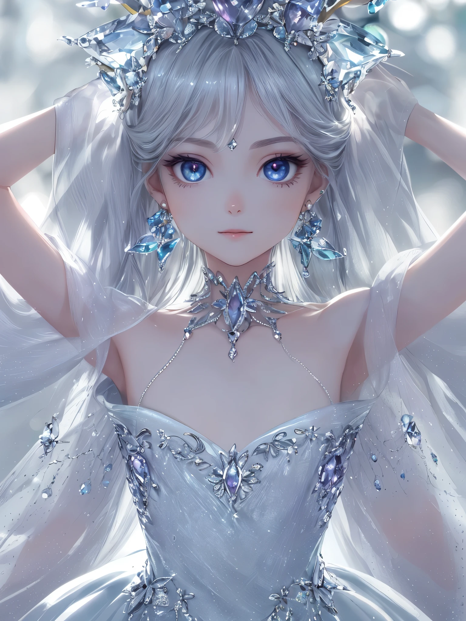 masterpiece, highest quality, figure, alexandrite eyes and hair, platinum earrings, Platinum Necklace, white dress, The Little Mermaid, cute, (dynamic lighting:1.2), cinematic lighting, delicate features, fine eyes, sharp pupils, realistic student, Depth of bounds written, Bokeh, sharp focus, (very detailed, bloom, shine:1.4), Many Small Gems