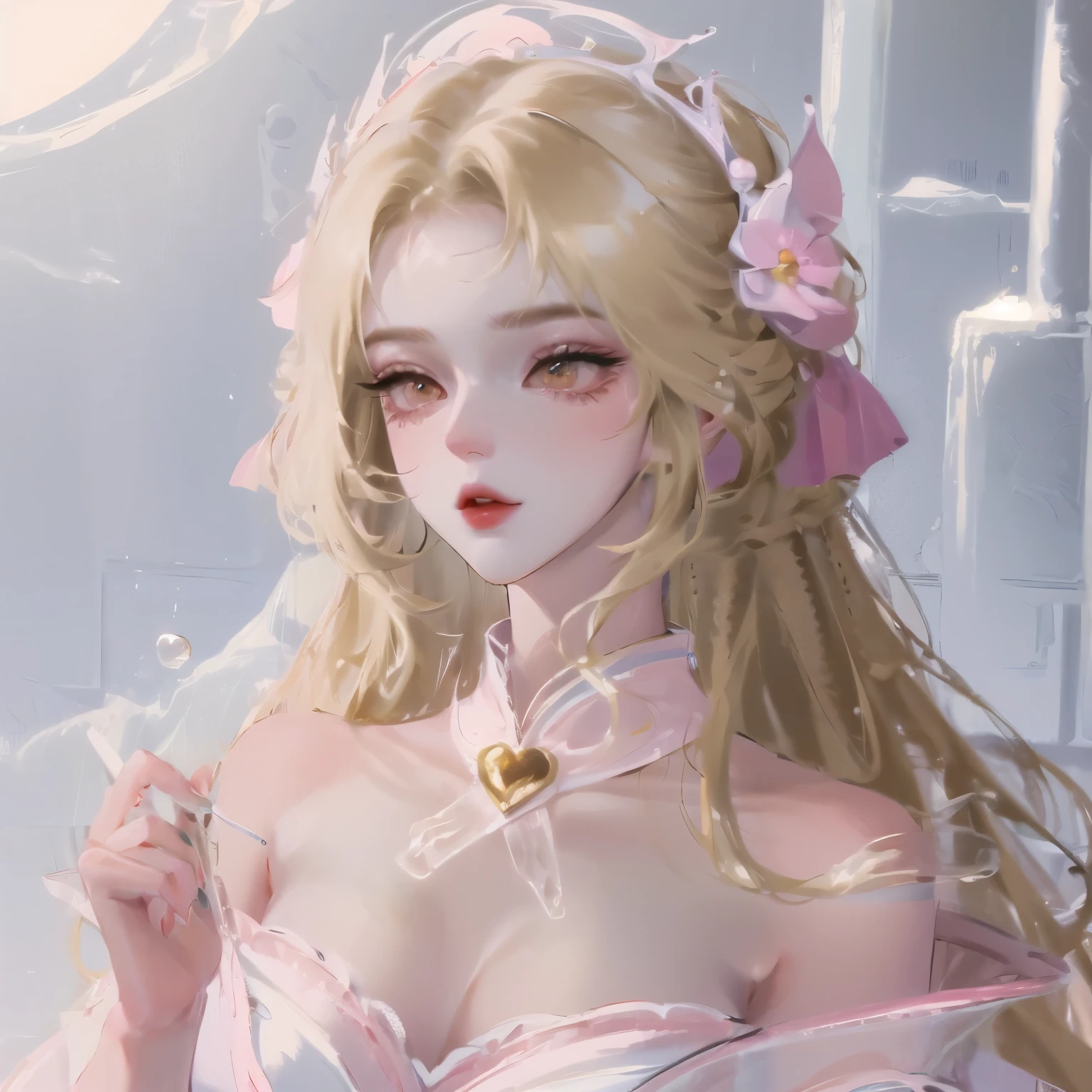 ((masterpiece)),high quality,Extremely detailed,Blonde+White clothes:1.2,Sweet and delicate girl,Bijai,Lolita prostitute,Exquisite facial features,Perfect body,Pearl decorated face,There are bubbles around,Bright colors,Romantic long hair,Natural light,Warm and sweet,Brown eyes,Gorgeous hair accessories,Pink clothing