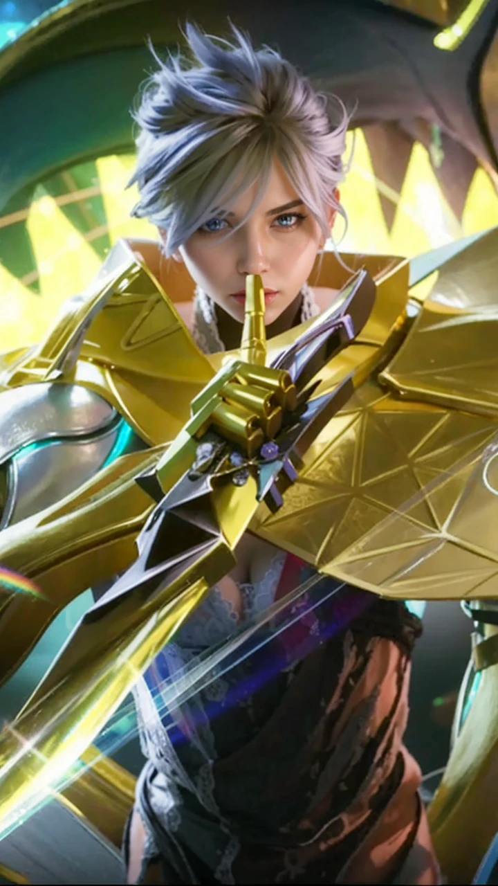 best quality, ultra high res, (photorealistic:1.4), (detailed beautiful girl:1.4), (medium breasts:0.8), looking_at_viewer, Detailed facial details, beautiful detailed eyes,Gray hair, blue eyes, slender, haunting smile, (makeup:0.3), red lips, highly detailed clothes, (ulzzang-6500-v1.1:0.3)