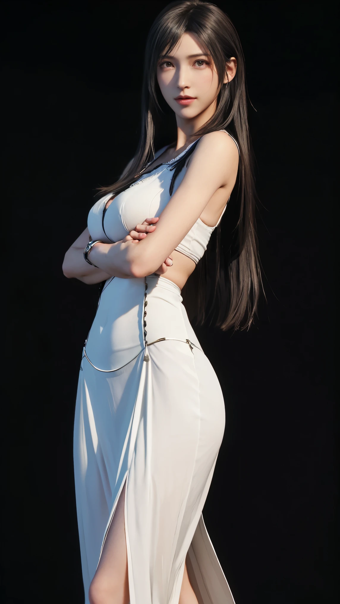 8K, Top Quality, Intricate Details, Ultra Detail, Ultra High Resolution, Masterpiece, close up shot, (full body: 1.1), Slender, Smile, (Makeup: 0.4), (walking), (Fluffy Eyes: 1.21), ((bangs)), 1girl, solo, 1 girl, (((red eyes, black hair, bangs, long hair)), ((Tifa,Tifa・lockhart,Final Fantasy 7,FF7,l)), close up shot, , ((tall)), (((fit body))), (((slim face))), sharp face, ((maxi dress)) , (detailed face), sharp face, small lips, ( walking), walk pose, walking pose,
((, )), , ((,)), detailed face, detailed breast, large breast, huge breast, (( )), detail ass, Narrow Waist, Skinny, tall , 175 cm tall, Muscular, Navel, Exposed Abdomen, Pointed Chest,, Beautiful girl with accentuated slender abs: 1.4, Six Pack Abs: 1.4,, Perfect Body, detail leg, (( dark background)), black background,