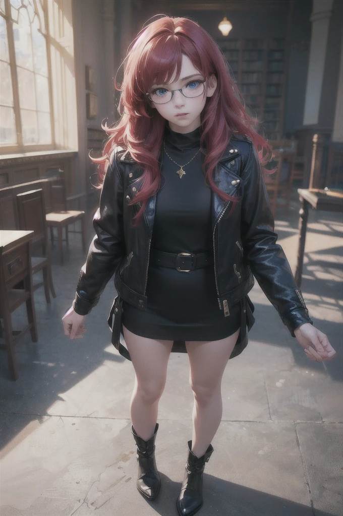 1girl, full body, magical girl, holding book, blue eyes, red hair, long hair, black dress, black leather jacket, library, glasses, (best quality,4k,8k,highres,masterpiece:1.2),ultra-detailed,(realistic,photorealistic,photo-realistic:1.37),portrait,fantasy,dramatic lighting,warm color palette,intricate details