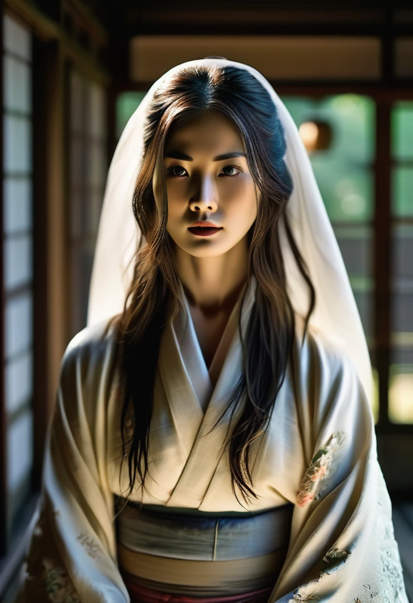 seaart.Using AI、Create an image with a traditional Japanese ghost image。Please reflect the following factors:。 Characteristics of ghosts: Wearing a white kimono。 have long, flowing hair。 No eyes on the face。 Background and atmosphere: In an old Japanese abandoned house。 A dim light illuminates the surroundings。 Pose and expression: He has a quiet and sad look on his face。 Hold out your hands in front of you、Shows gentle movement。 Color and Texture: White and light colors are the main colors.。 It has a sense of transparency and a fantastic texture.。
