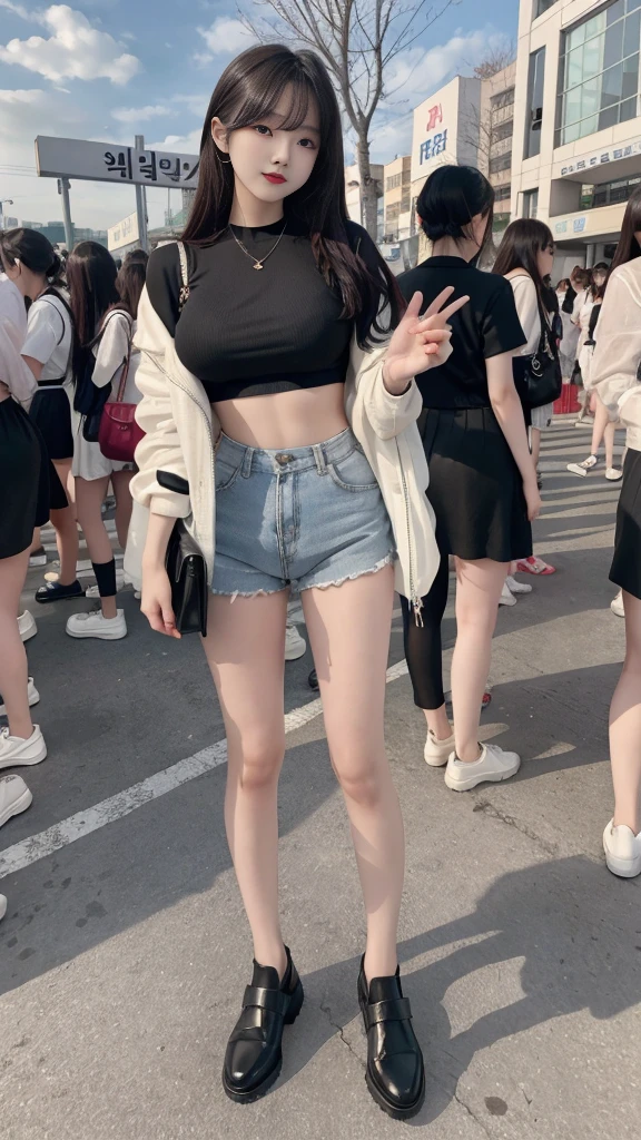 Korean beautiful girl 16 years old, medium , beautiful legs, underwear, full body photo in outdoor crowd