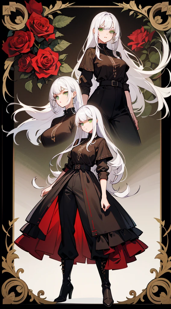 character sheet, character design, multiple angles, full body, beautiful woman, white hair, long curly hair, ((crew cut: 1)), green eyes, fair skin, ((muscular: 1)), female, 28 years old Wearing a black blouse with green and brown details, a blouse brown leather shawl, black pants, black boots, roses, spikes with thorns, roses with eyes, eyes in the shallows, demon roses.