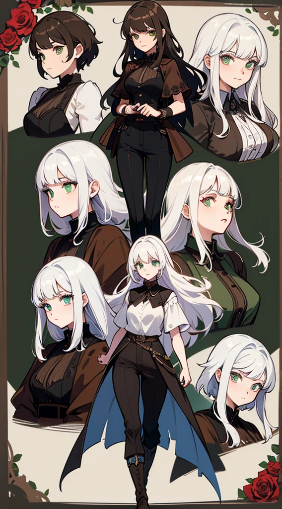 character sheet, character design, multiple angles, full body, beautiful woman, white hair, long curly hair, ((crew cut: 1)), green eyes, fair skin, ((muscular: 1)), female, 28 years old Wearing a black blouse with green and brown details, a blouse brown leather shawl, black pants, black boots, roses, spikes with thorns, roses with eyes, eyes in the shallows, demon roses.