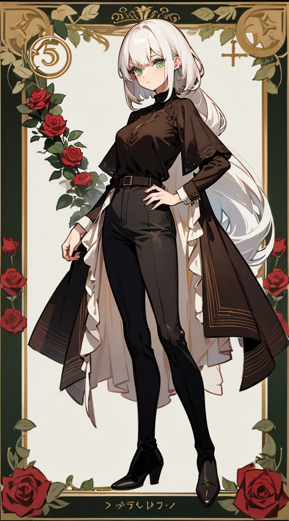 character sheet, character design, multiple angles, full body, beautiful woman, white hair, long curly hair, ((crew cut: 1)), green eyes, fair skin, ((muscular: 1)), female, 28 years old Wearing a black blouse with green and brown details, a blouse brown leather shawl, black pants, black boots, roses, spikes with thorns, roses with eyes, eyes in the shallows, demon roses.
