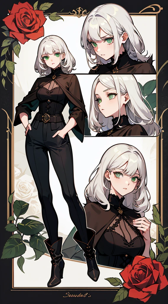 character sheet, character design, multiple angles, full body, beautiful woman, white hair, long curly hair, ((crew cut: 1)), green eyes, fair skin, ((muscular: 1)), female, 28 years old Wearing a black blouse with green and brown details, a blouse brown leather shawl, black pants, black boots, roses, spikes with thorns, roses with eyes, eyes in the shallows, demon roses.