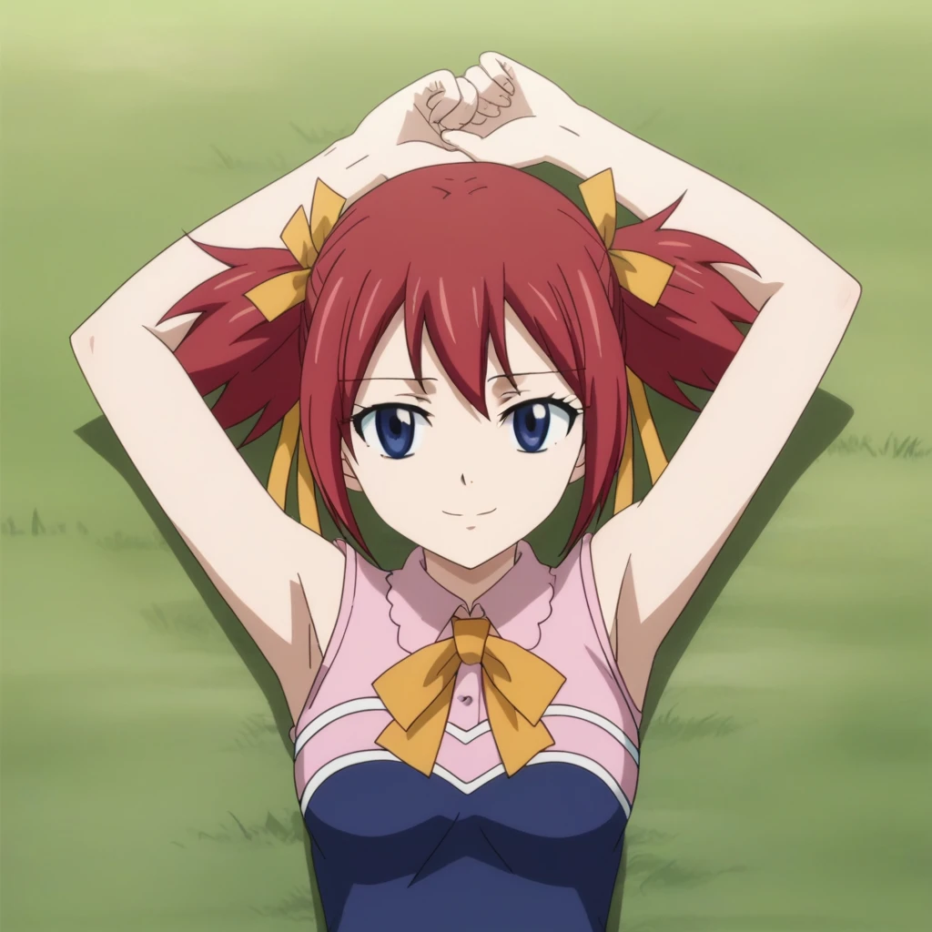 chelia_blendy, source_anime, rating_safe, intricate details, anime screencap, anime coloring, 1girl, solo, red hair, blue eyes, ribbon, hair ribbon, twintails, short twintails, looking at viewer, high quality, solo, lying, on back, arms up, spread arms, closed mouth, on grass, center, full body, looking at viewer, suggestive smile, best quality, spread legs,