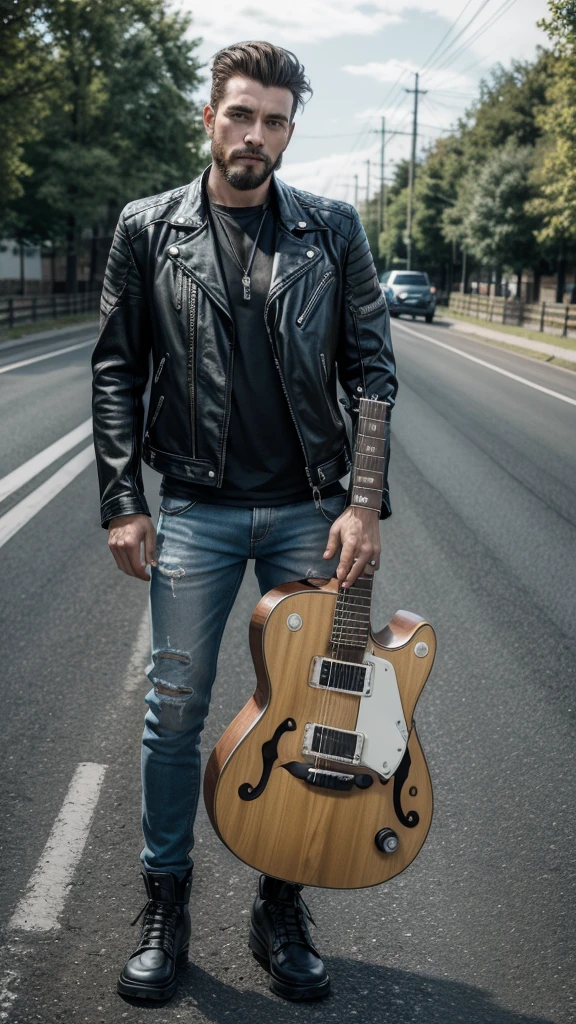 A biker man with his guitar in his bag ,next to your motorcycle on a paved road ready for a good trip.