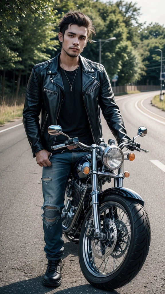 A biker man with his guitar in his bag ,next to your motorcycle on a paved road ready for a good trip.