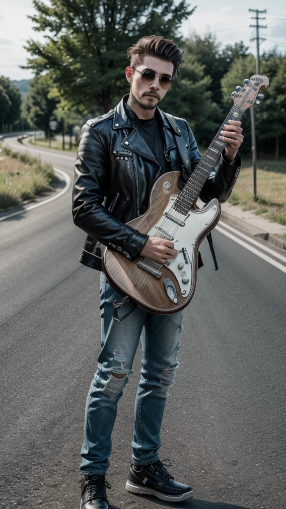 A biker man with his guitar in his bag ,next to your motorcycle on a paved road ready for a good trip.