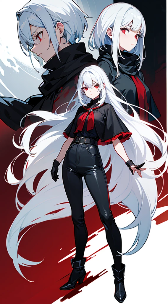 character sheet, character design, multiple angles, full body, beautiful woman, white hair, long straight hair, ((crew cut: 1)), red eyes, fair skin, ((muscular: 1)), female, 28 years old Wearing a black blouse with blue details, leather shawl , black pants, black boots, winter queen, vampire, blood control, blood, blood sphere, bloodstain, blood powers ice in the background, fog, ice ball, ice powers