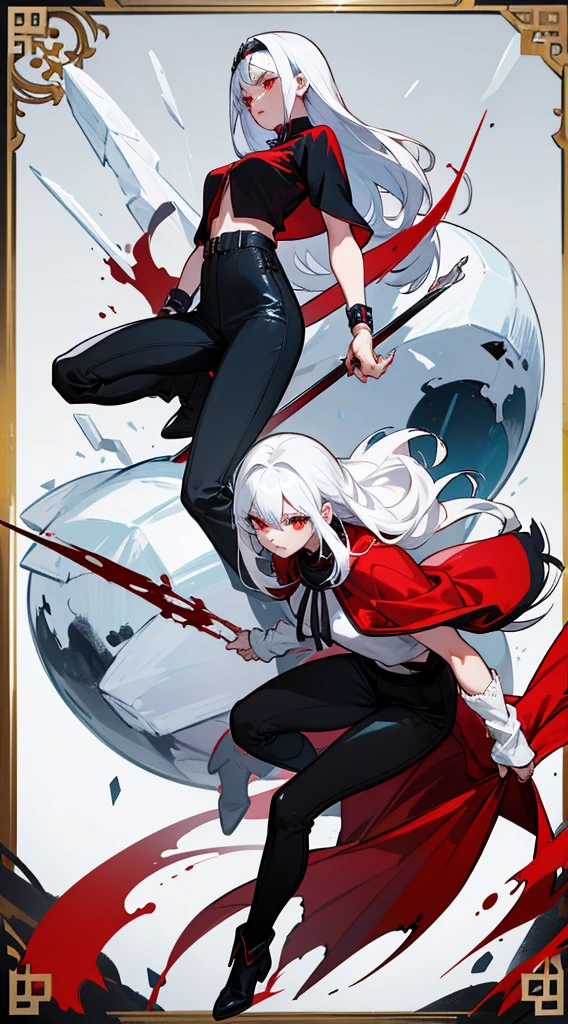 character sheet, character design, multiple angles, full body, beautiful woman, white hair, long straight hair, ((crew cut: 1)), red eyes, fair skin, ((muscular: 1)), female, 28 years old Wearing a black blouse with blue details, leather shawl , black pants, black boots, winter queen, vampire, blood control, blood, blood sphere, bloodstain, blood powers ice in the background, fog, ice ball, ice powers