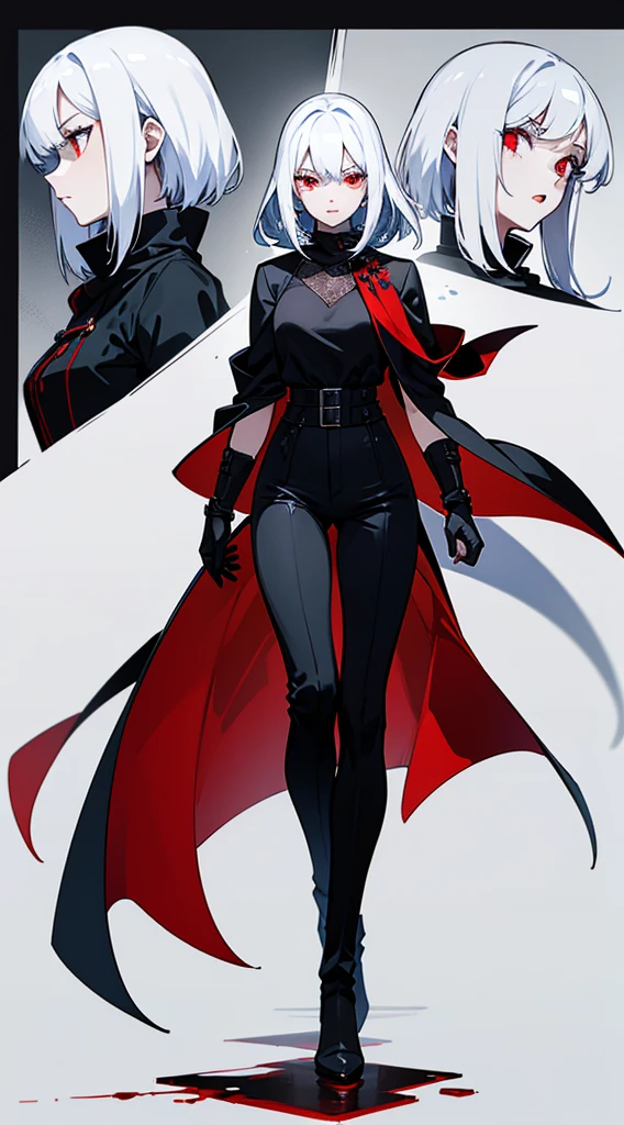 character sheet, character design, multiple angles, full body, beautiful woman, white hair, long straight hair, ((crew cut: 1)), red eyes, fair skin, ((muscular: 1)), female, 28 years old Wearing a black blouse with blue details, leather shawl , black pants, black boots, winter queen, vampire, blood control, blood, blood sphere, bloodstain, blood powers ice in the background, fog, ice ball, ice powers