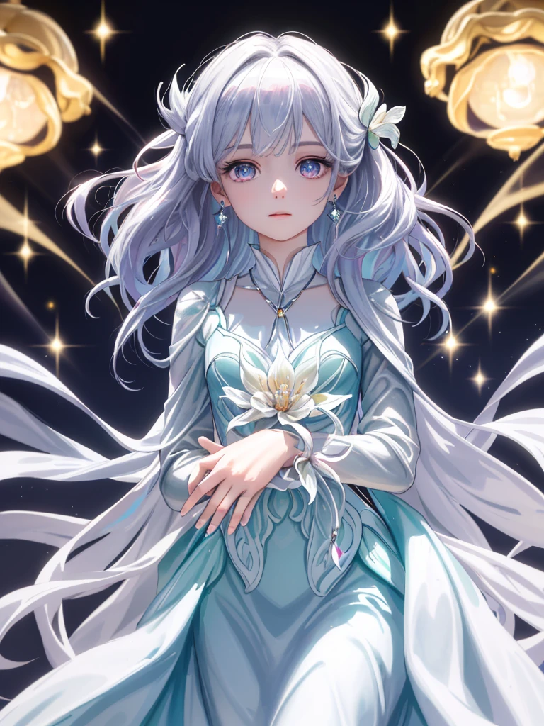 masterpiece, highest quality, figure, alexandrite eyes and hair, platinum earrings, Platinum Necklace, white dress, The Little Mermaid, cute, (dynamic lighting:1.2), cinematic lighting, delicate features, fine eyes, sharp pupils, realistic student, Depth of bounds written, Bokeh, sharp focus, (very detailed, bloom, shine:1.4), Many Small Gems