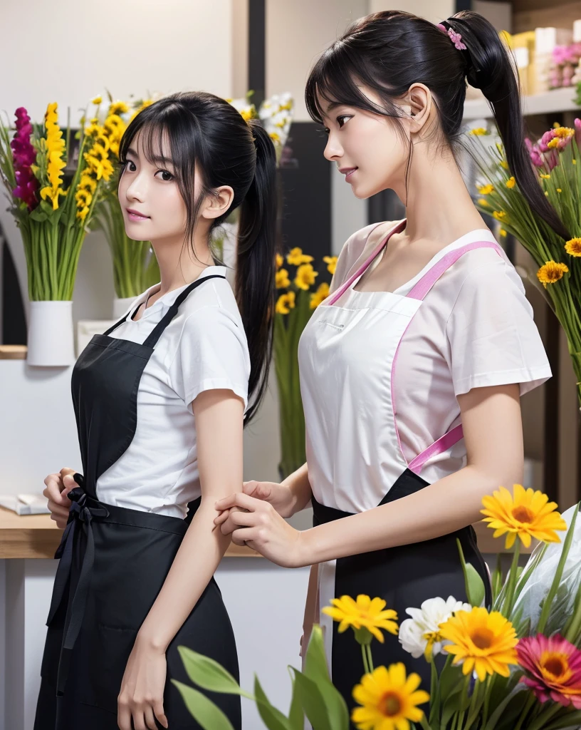 (Highest quality, 32k, High resolution, Masterpiece:1.5, ), marimo_jet, god々A photograph with brilliant dazzling and healing power., Evoking a sense of calm and elusive beauty, Expressing emotions, Have a rich imagination, Beautiful Japanese Girls, ((From the side:1.4)), An exceptionally beautiful face, Small Face Beauty, Perfect Human Anatomy, Magical big eyes, Motherhood and generosity, Deep Love, fleeting smile, ((Shiny black hair:1.1)), ((ponytail:1.3)), Asymmetrical bangs, Hair between the eyes, Transparent, soft white skin, Sharp eyebrows, Thin lashes, Natural Makeup, Pale pink detailed lips, ((Florist clerk:1.3)), ((White apron over black T-shirt:1.3)), Slim figure with ample breasts, High resolutionの,Beautiful legs, ((A flower shop with colorful flowers on display:1.5)), Professional Lighting, Professional photographer, Professional models, god秘的