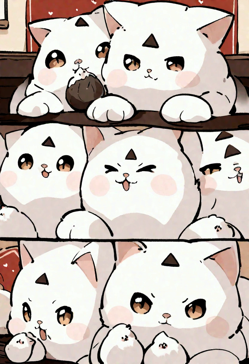 Highest quality, masterpiece, Ultra-high resolution, Very cute cat,Holding rice ball with front paws, Biting into rice ball,Triangular rice balls,Handwritten style,White Cat