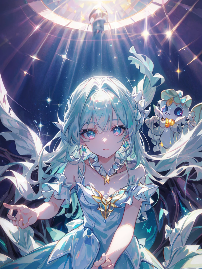 masterpiece, highest quality, figure, alexandrite eyes and hair, platinum earrings, Platinum Necklace, white dress, The Little Mermaid, cute, (dynamic lighting:1.2), cinematic lighting, delicate features, fine eyes, sharp pupils, realistic student, Depth of bounds written, Bokeh, sharp focus, (very detailed, bloom, shine:1.4), Many Small Gems
