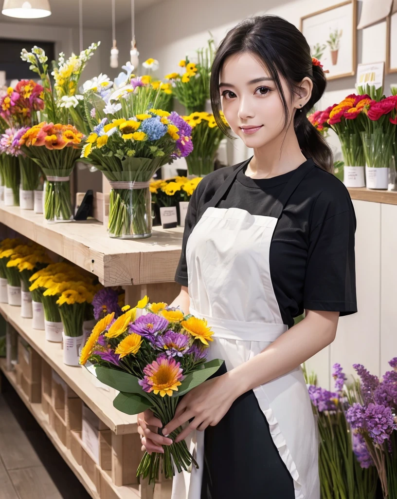 (Highest quality, 32k, High resolution, Masterpiece:1.5, ), marimo_jet, god々A photograph with brilliant dazzling and healing power., Evoking a sense of calm and elusive beauty, Expressing emotions, Have a rich imagination, Beautiful Japanese Girls, An exceptionally beautiful face, Small Face Beauty, Perfect Human Anatomy, Magical big eyes, Motherhood and generosity, Deep Love, fleeting smile, ((Shiny black hair:1.1)), ((ponytail:1.3)), Asymmetrical bangs, Hair between the eyes, Transparent, soft white skin, Sharp eyebrows, Thin lashes, Natural Makeup, Pale pink detailed lips, ((Florist clerk:1.3)), ((White apron over black T-shirt:1.3)), Slim figure with ample breasts, High resolutionの,Beautiful legs, ((A flower shop with colorful flowers on display:1.5)), Professional Lighting, Professional photographer, Professional models, god秘的