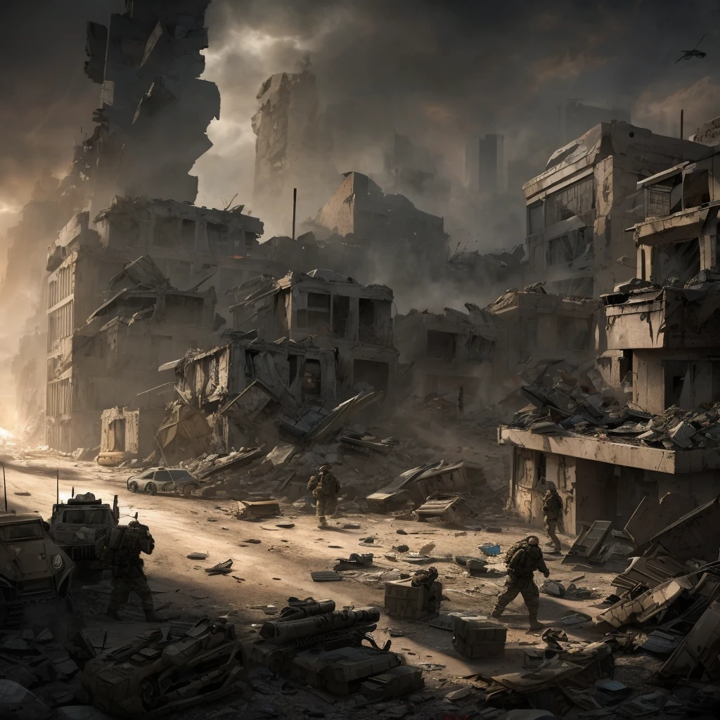 a heavily armed military task force, highly detailed military uniforms, tactical gear, assault rifles, taking rebel prisoners, battle aftermath, destroyed city environment, rubble and debris, dramatic lighting, cinematic composition, gritty realistic style, muted color palette, dust and smoke effects, dynamic camera angle, tense and gripping scene