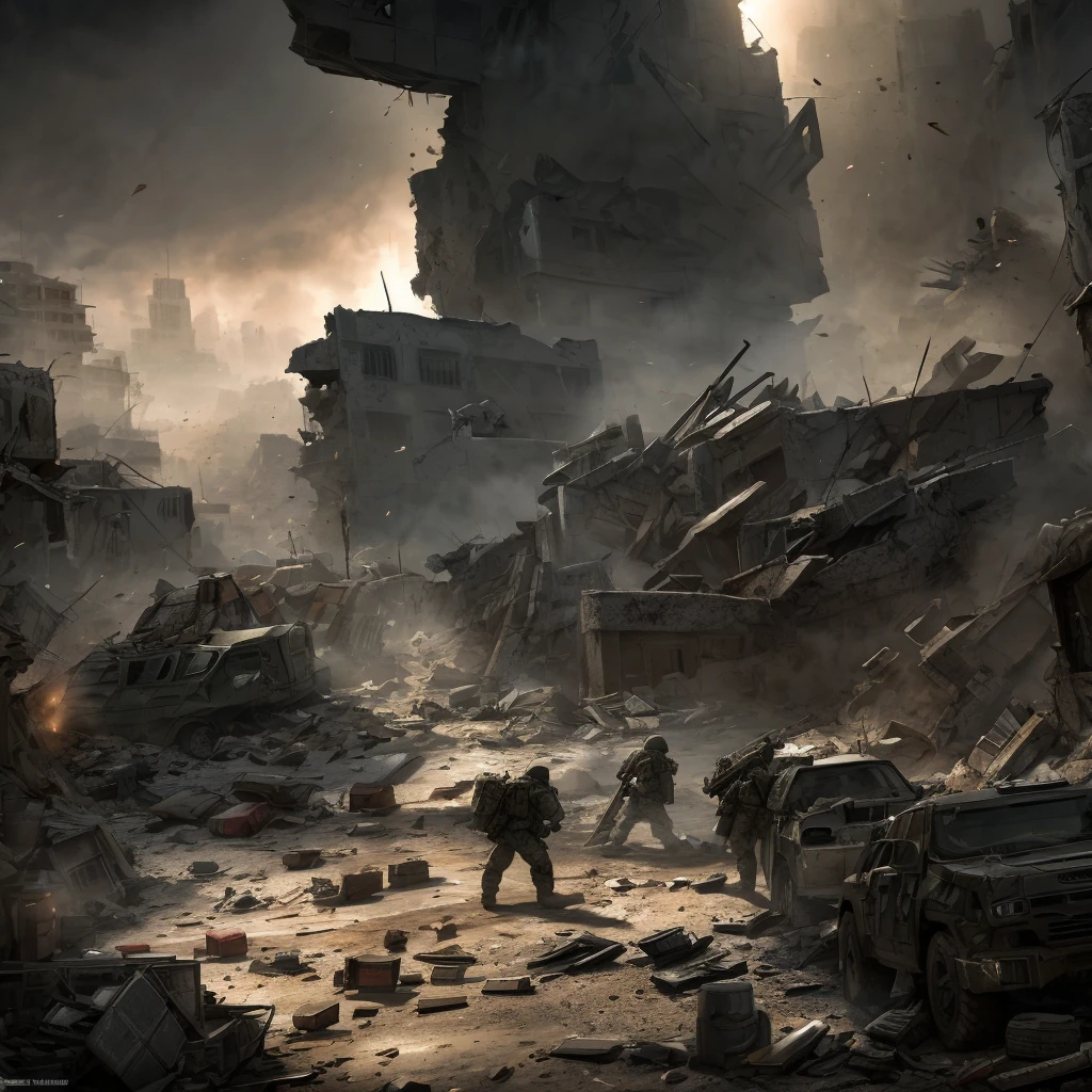 a heavily armed military task force, highly detailed military uniforms, tactical gear, assault rifles, taking rebel prisoners, battle aftermath, destroyed city environment, rubble and debris, dramatic lighting, cinematic composition, gritty realistic style, muted color palette, dust and smoke effects, dynamic camera angle, tense and gripping scene