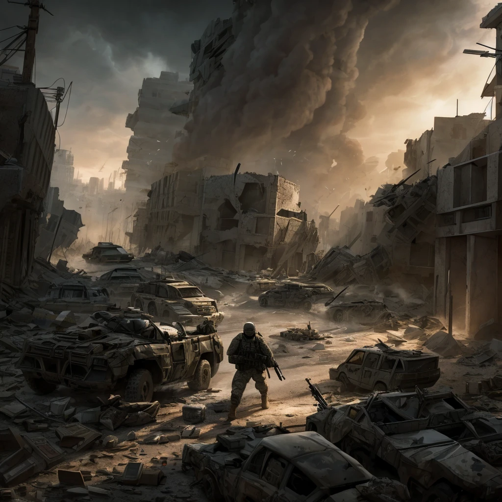 a heavily armed military task force, highly detailed military uniforms, tactical gear, assault rifles, taking rebel prisoners, battle aftermath, destroyed city environment, rubble and debris, dramatic lighting, cinematic composition, gritty realistic style, muted color palette, dust and smoke effects, dynamic camera angle, tense and gripping scene