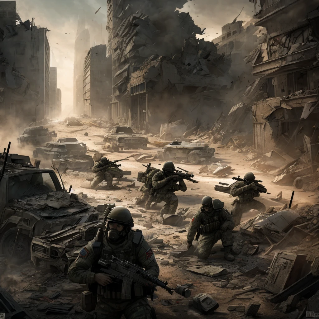 a heavily armed military task force, highly detailed military uniforms, tactical gear, assault rifles, taking rebel prisoners, battle aftermath, destroyed city environment, rubble and debris, dramatic lighting, cinematic composition, gritty realistic style, muted color palette, dust and smoke effects, dynamic camera angle, tense and gripping scene